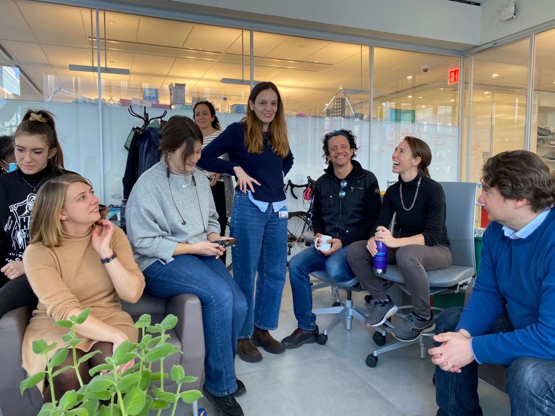Alice, Alexa, Marianna, Olga, Joan , Albana, Martin, Rachel, and Stavros all gathered in a group in the interaction space. 