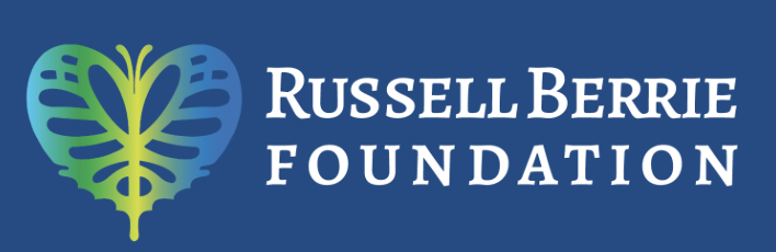 light blue-green-yellow-blue heart with Butterly lace wing patterned logo to the left of white text, in all caps, spelling out Russell Berrie Foundation. 