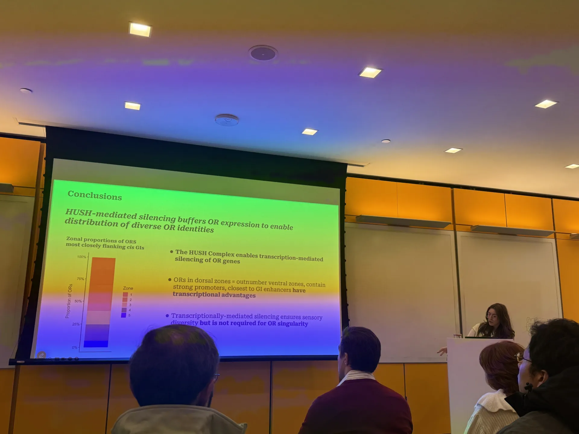 A student presenter stands at the podium while giving a lecture to a group.