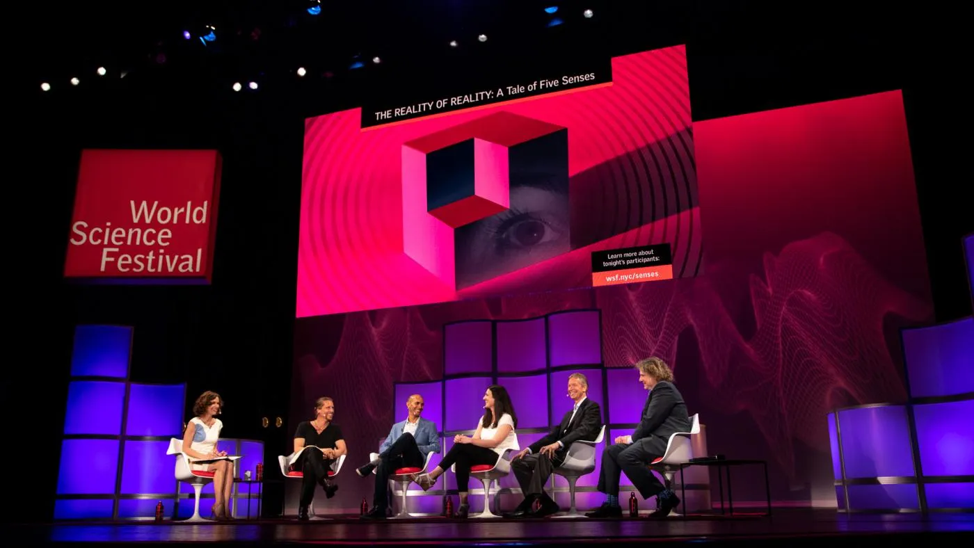 From left: Elizabeth Vargas, Beau Lotto, Anil Seth, Christine Constantinople, Donald Hoffman and Stavros Lomvardas (Credit: World Science Festival / Greg Kessler)